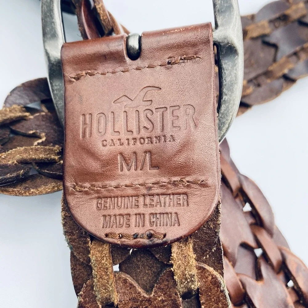 Hollister Wide Braided Woven Wide Brown Genuine Leather Belt Size M/L